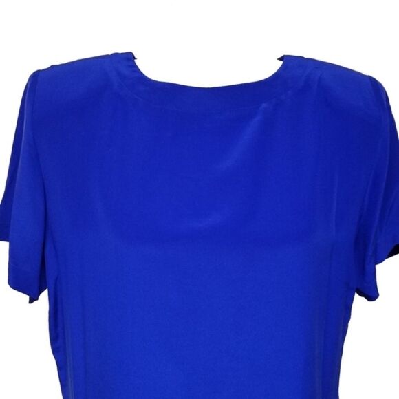Vintage 80s Pia Rucci Royal Blue Silk Short Sleeve Crewneck Boxy Blouse M - Picture 5 of 11